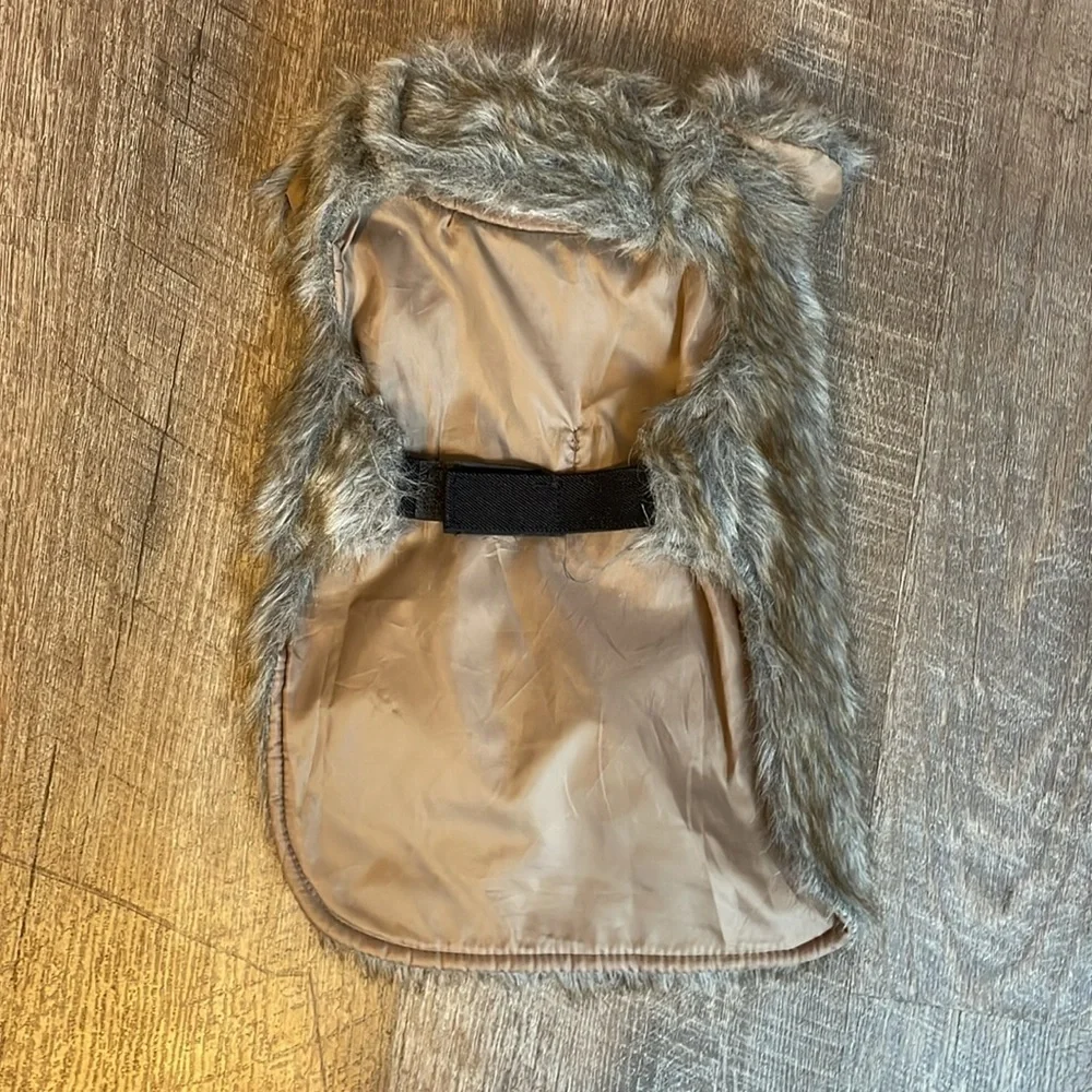Faux Fur Pet Jacket with Collar Brown Gray size S